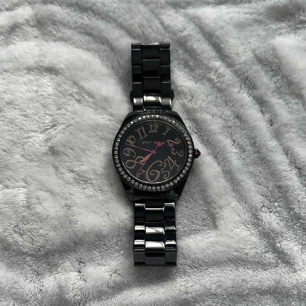 Stylish Black Betsy Johnson Watch with Rose Gold Numbers